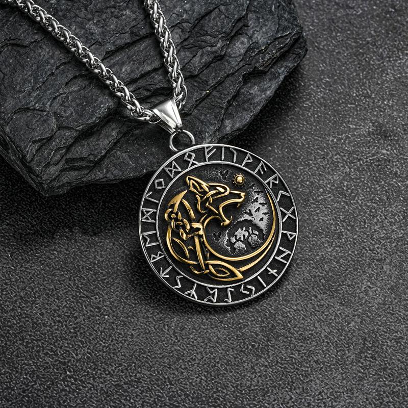 Norse Mythology Wolf Necklace Men Stainless Steel Viking Runes Amulet Pendant Vintage Jewelry Accessory