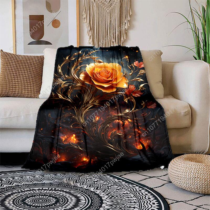 1pc Cozy Golden Leaf Rose Print Blanket - Lightweight Flannel Throw For Sofa, Bed, Travel, Camping, Living Room, Office, Couch,