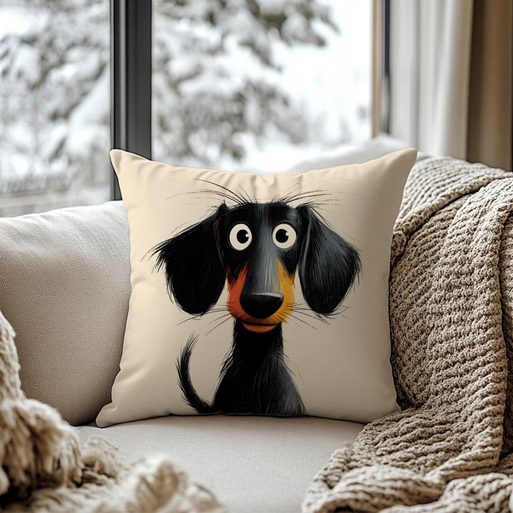 1Pc Cartoon Dachshund Themed Printed Throw Pillow Cover, Suitable For Sofa, Bedroom, Living Room, A Fun Gift For Dog Lovers.