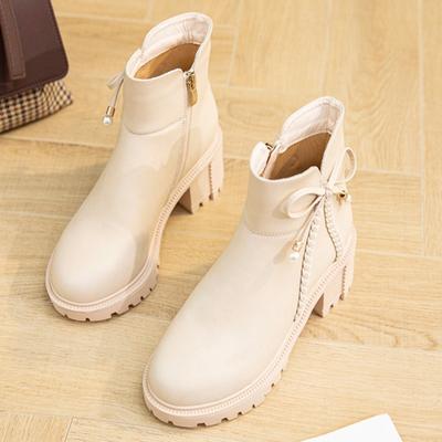 Mode Damenmode Klobige Stiefeletten Herbst Neu Runde Spitze Dicke Sohle Seitlicher Reißverschluss Schmetterlingsknoten Stiefeletten