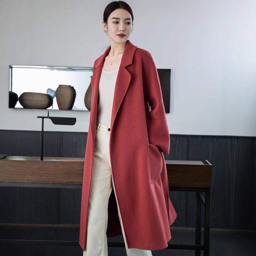 

Women s Slim-Fit 100% Wool Double-Sided Coat with Belt - Extended Length for Autumn and Winter M suitable for 105-120 jin