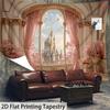 Pink Castle Window Tapestry, Fairy Tale Palace View With Cherry Blossoms, Romantic Wall Art For Bedroom Living Room