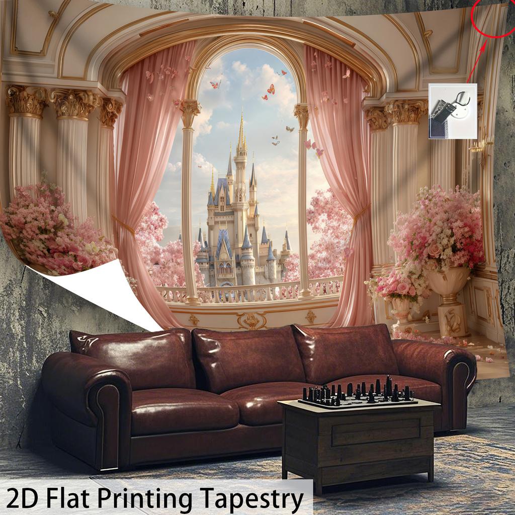 Pink Castle Window Tapestry, Fairy Tale Palace View With Cherry Blossoms, Romantic Wall Art For Bedroom Living Room