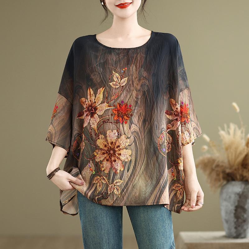 

DIMANAF 2024 летние женские футболки больших размеров с цветочным принтом, элегантные топы с рукавами «летучая мышь», футболки, свободная повседневная льняная рубашка 91706 One Size