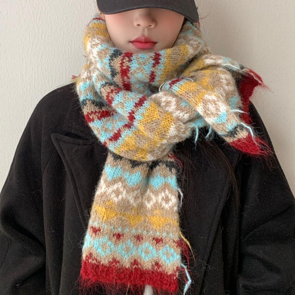 Wool Jacquard Knitted Scarf Printed Winter Wool Neckerchief Sweet Fair Isle Style Scarf  Autumn