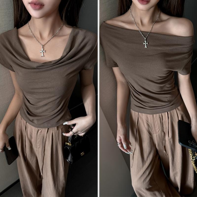 

Summer high-end niche heap collar off-shoulder short-sleeved T-shirt women s solid color slim-fitting and thin temperament versatile bottoming shirt Xl (suitable for weight 65-75kg ) темно-коричневого кольору