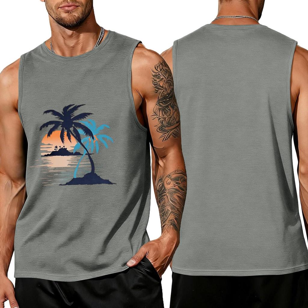 Men’s Sleeveless Crew Neck Tank Top with Tropical Tree and Print Casual Relaxed Fit Shirt