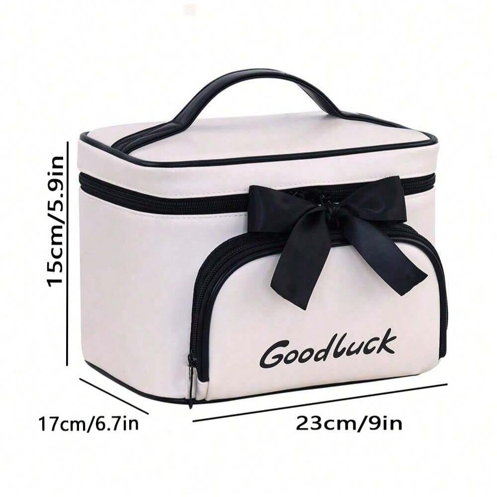 Large capacity cosmetics bag made of PU material handbag storage bag with zipper and bowknot decoration for wash bag