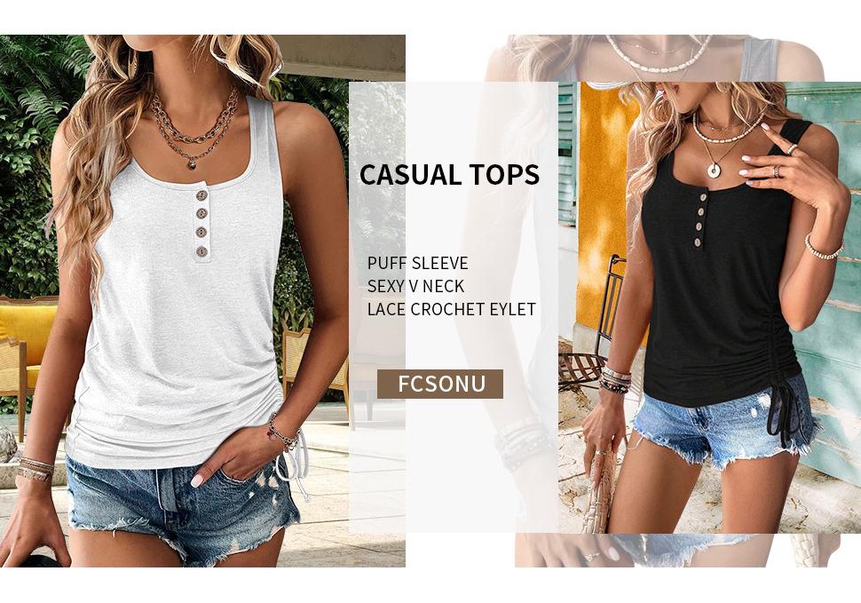 Women's Casual Sleeveless U-Neck Button Drawstring Shirt