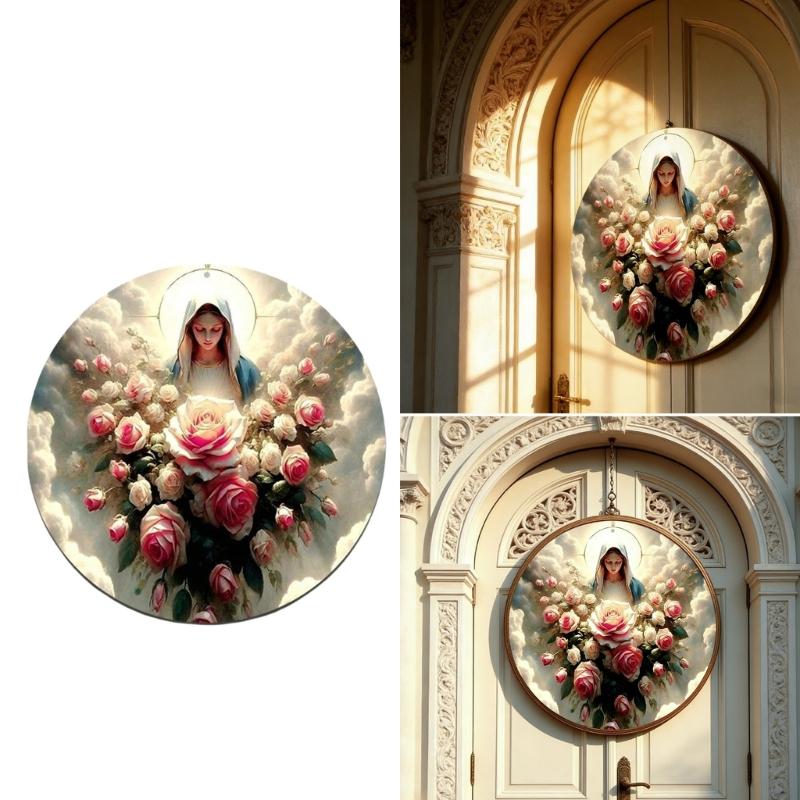 Wooden Angel Reading Book Round Plaque Front Door Hanging Ornament Easy Mount Wall Sign For Home Garden Decoration