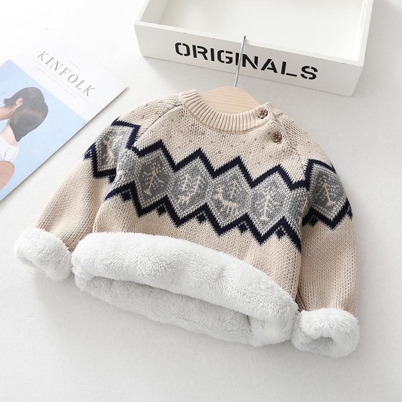 Men's and Children's Thick Fleece-Lined Retro Knit Sweater - Pure Cotton Base Layer for Infants and Kids