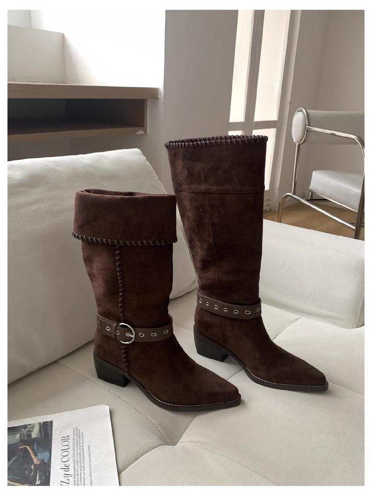Autumn and winter new pointed braided belt buckle thick heel flanged boots suede thin