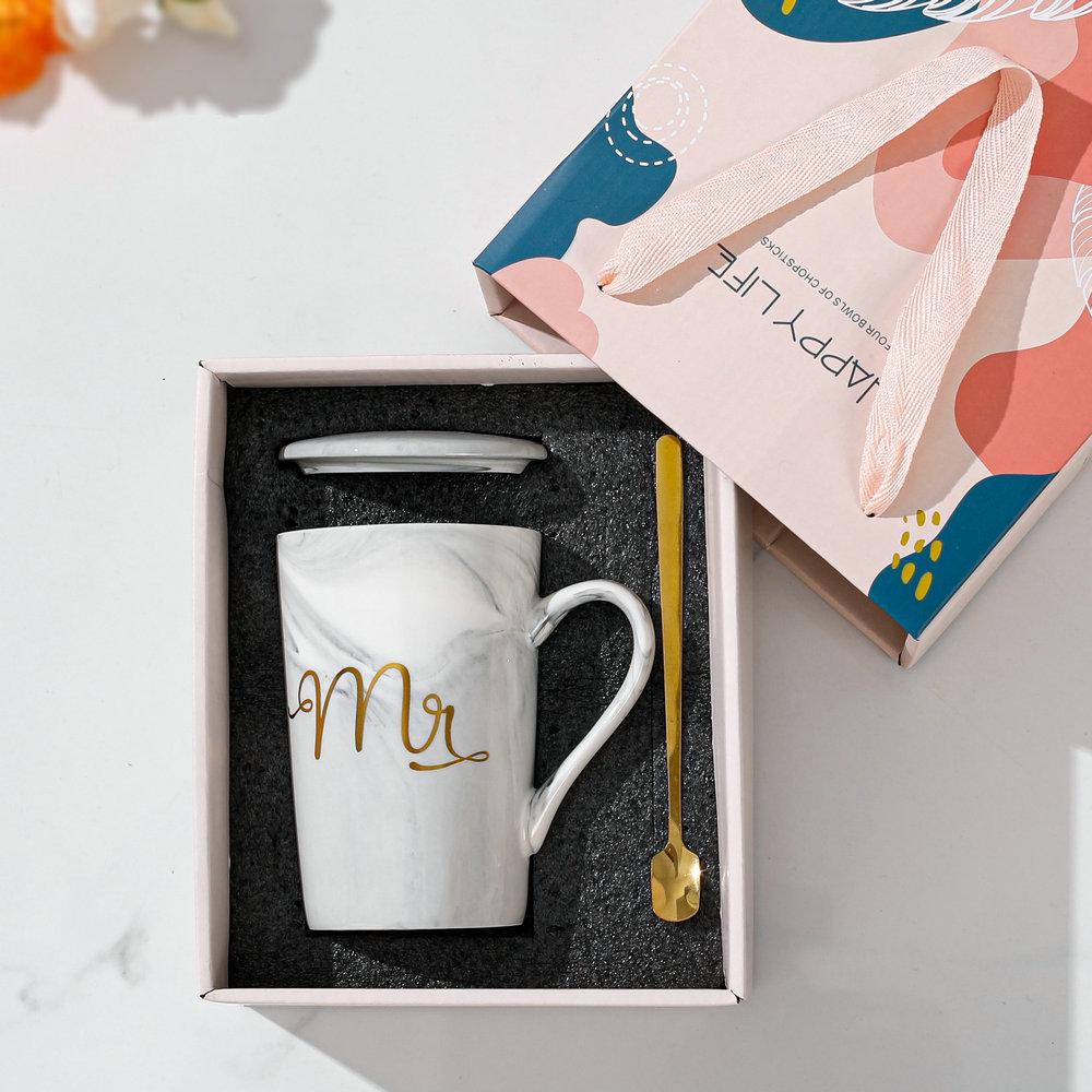 Nordic Ceramic Couple Mug with Lid and Spoon - Stone Pattern Gift Cup for Company Events