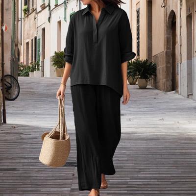 Dámska 2-dielna súprava z bavlny a ľanu, ležérna, s klopou, výstrihom do V, krátkym rukávom, topom a širokými nohavicami, letné voľné spoločenské outfity