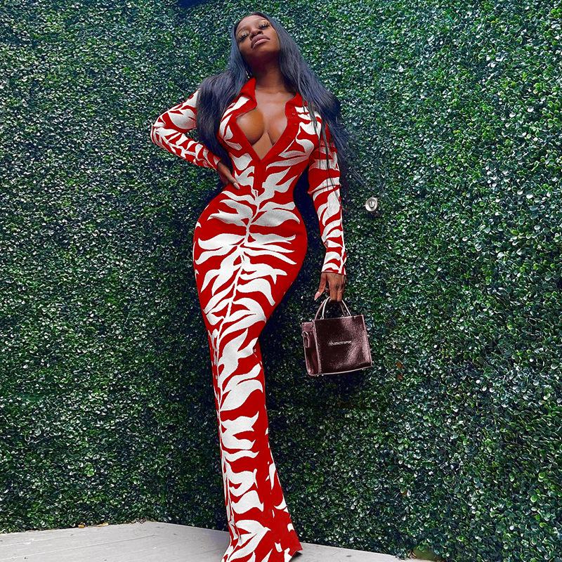 2025 Autumn/Winter Women's Bodycon Lapel Button-Down Printed Long Dress