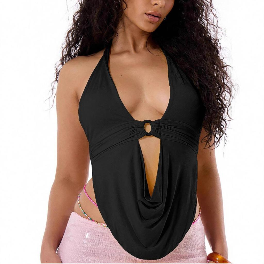European and American new vest sexy babes hanging neck deep V hollow women's clothing small backless