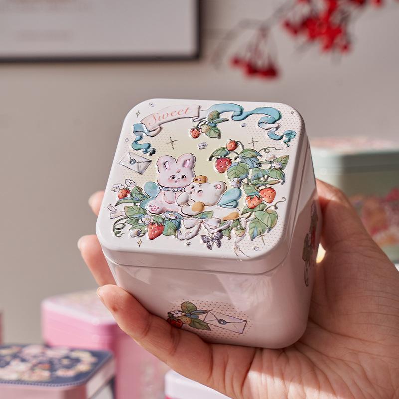 1pc Square Rabbit Pattern Relief Tin Box Tinplate Storage Jar Candy Biscuit Tea Container Reusable Sealed Home Kitchen Gift Box