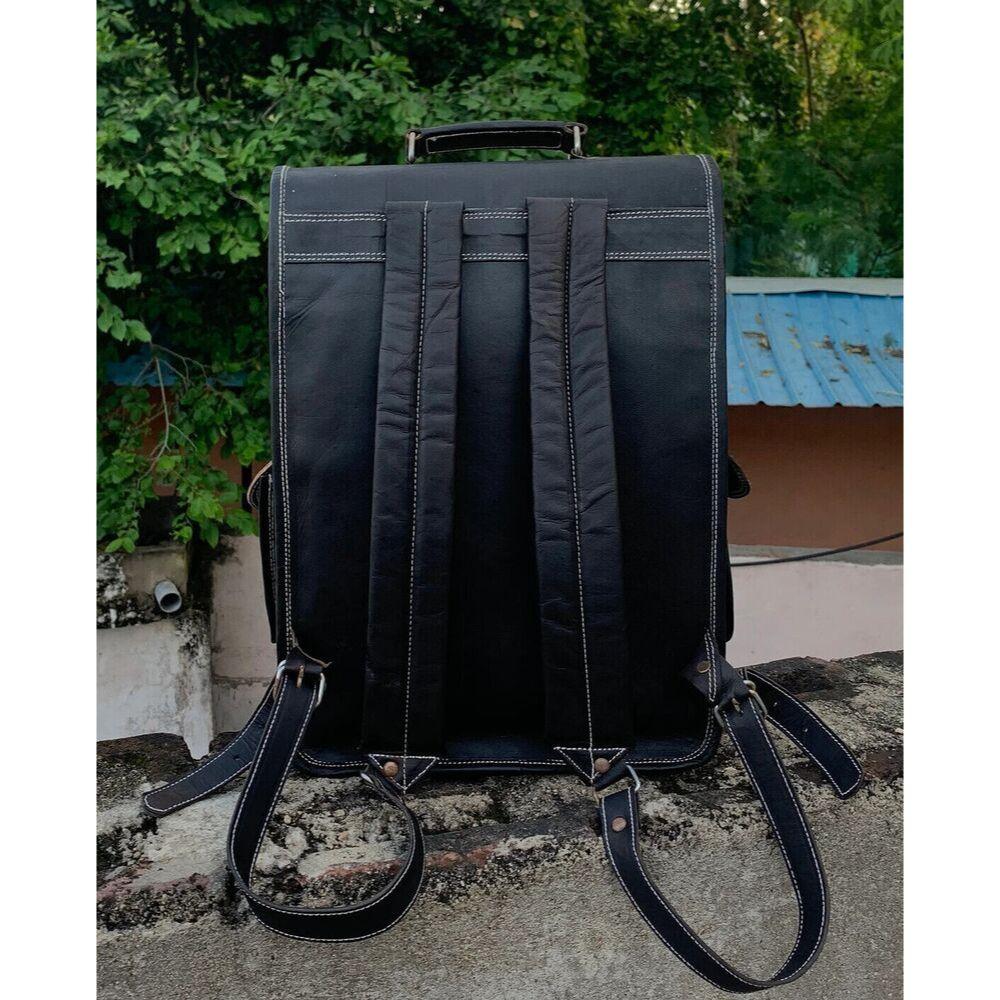 Schwarzer handgefertigter Ziegenleder-Reise-lässiger Laptop-Messenger-Rucksack-Schultertasche