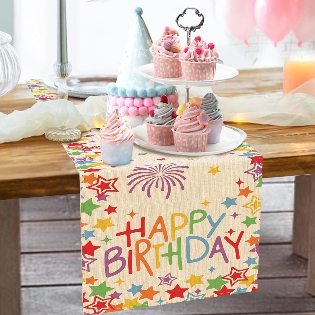 Happy Birthday Colorful Stars Linen Table Runner Party Decor Reusable Kitchen Dining Table Runner for Home Party Birthday Gifts