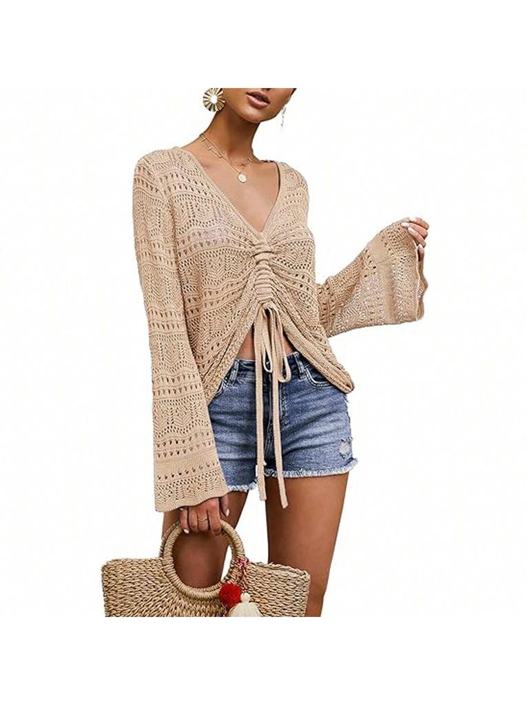 Women's Boho Off Shoulder Crochet Knit Crop Top V Neck Bell Sleeve Ruched Sweater