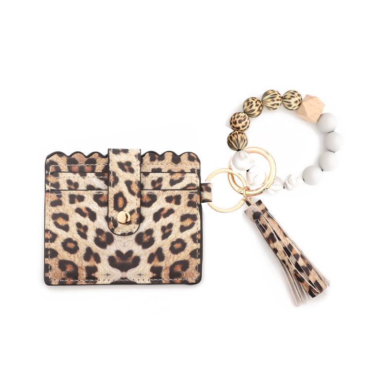 Leopard Print Silicone Bead Bracelet Wallet with PU Leather Tassel Keychain