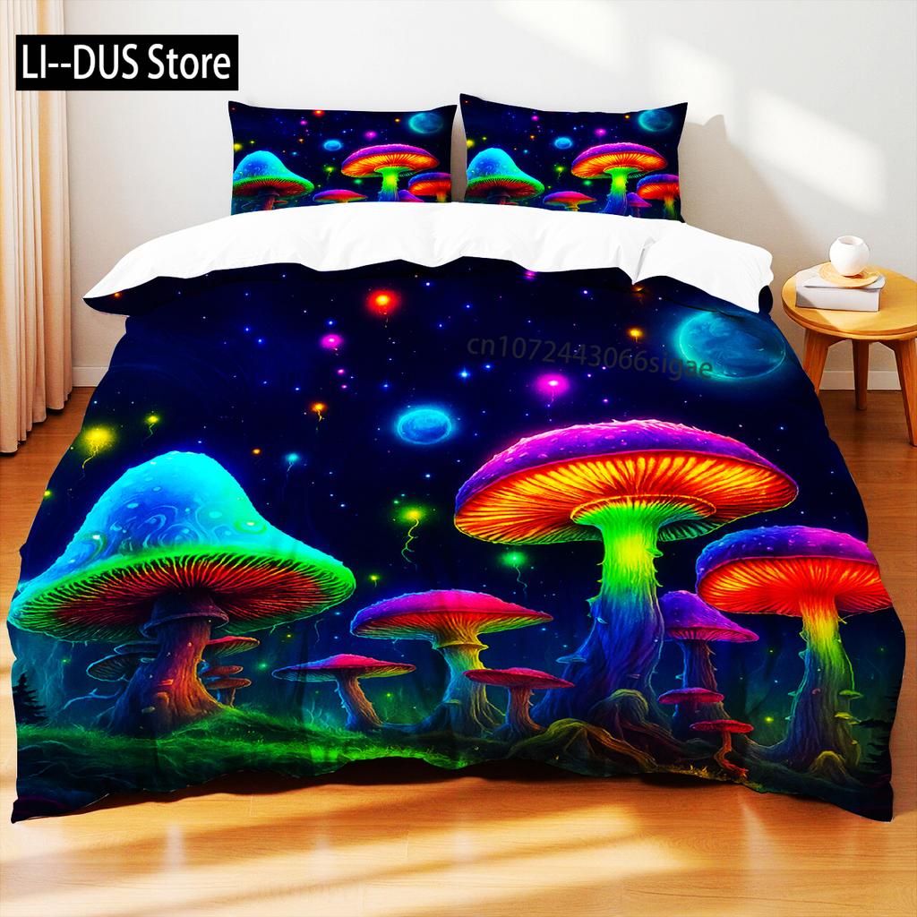 Ložní souprava s motivem hub Barevné houby Listy Motýli Přírodní styl Povlak na přikrývku velikosti Queen Prostěradlo Povlaky na polštáře Domácí textil