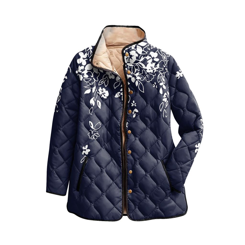 Women's Floral Print Stand Up Collar Pleated Cotton Long Sleeved Button Cotton Jacket