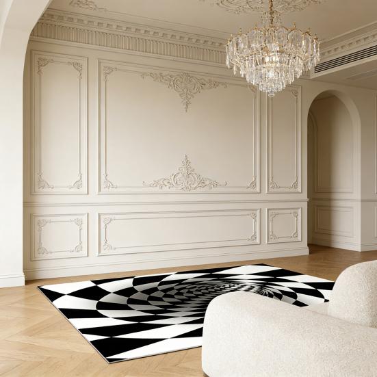 3D Vortex Optical Illusion Rug Vision Vertigo Area Rug Realistic Vortex Black And White Doormat Non-Slip Floor Mat for Living Room Bedroom Entrance