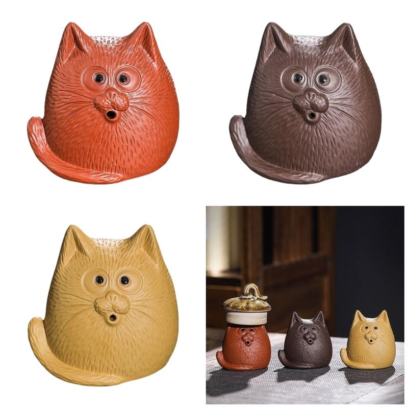 Cats Shape Zisha Clay Figurine Incenses Stick Holder for Animal Lover Handmade Pottery Animal Statue Ornament Decors