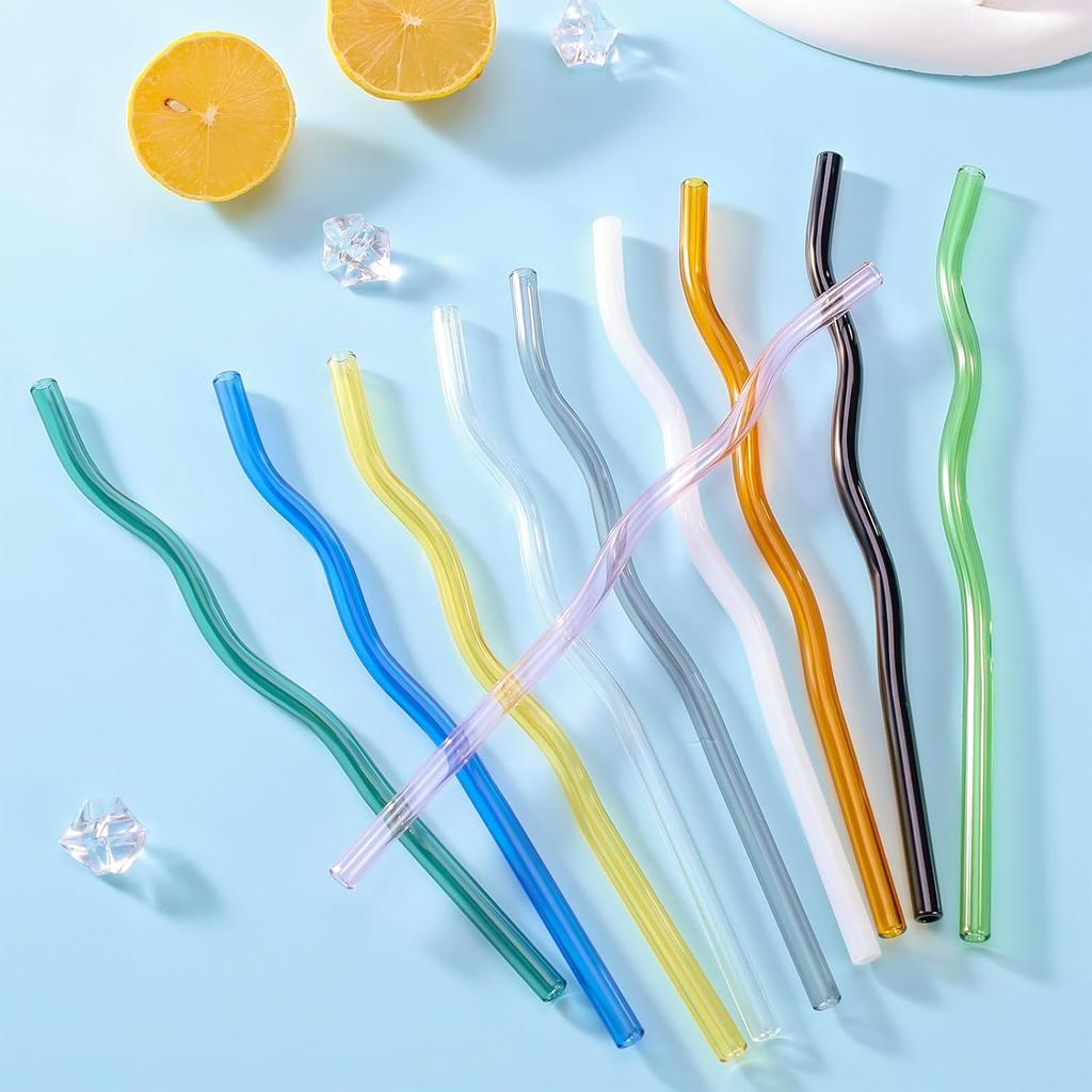 10 Pcs Reble Wavy Colorful Glass Straws,9''x8 Mm Shatter Resistant Cute Drinking Straws with 2 Cleaner Brush for Beverages,Coffee,Juice,Cocktail,Teas