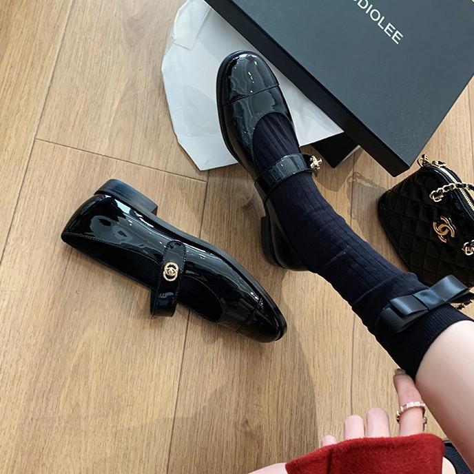 Cowhide Version~ French Small Gold Buckle Leather Platform Loafers Women's Spring Black Small Leather Shoes Mary Jane Single Shoes Ladyshoes