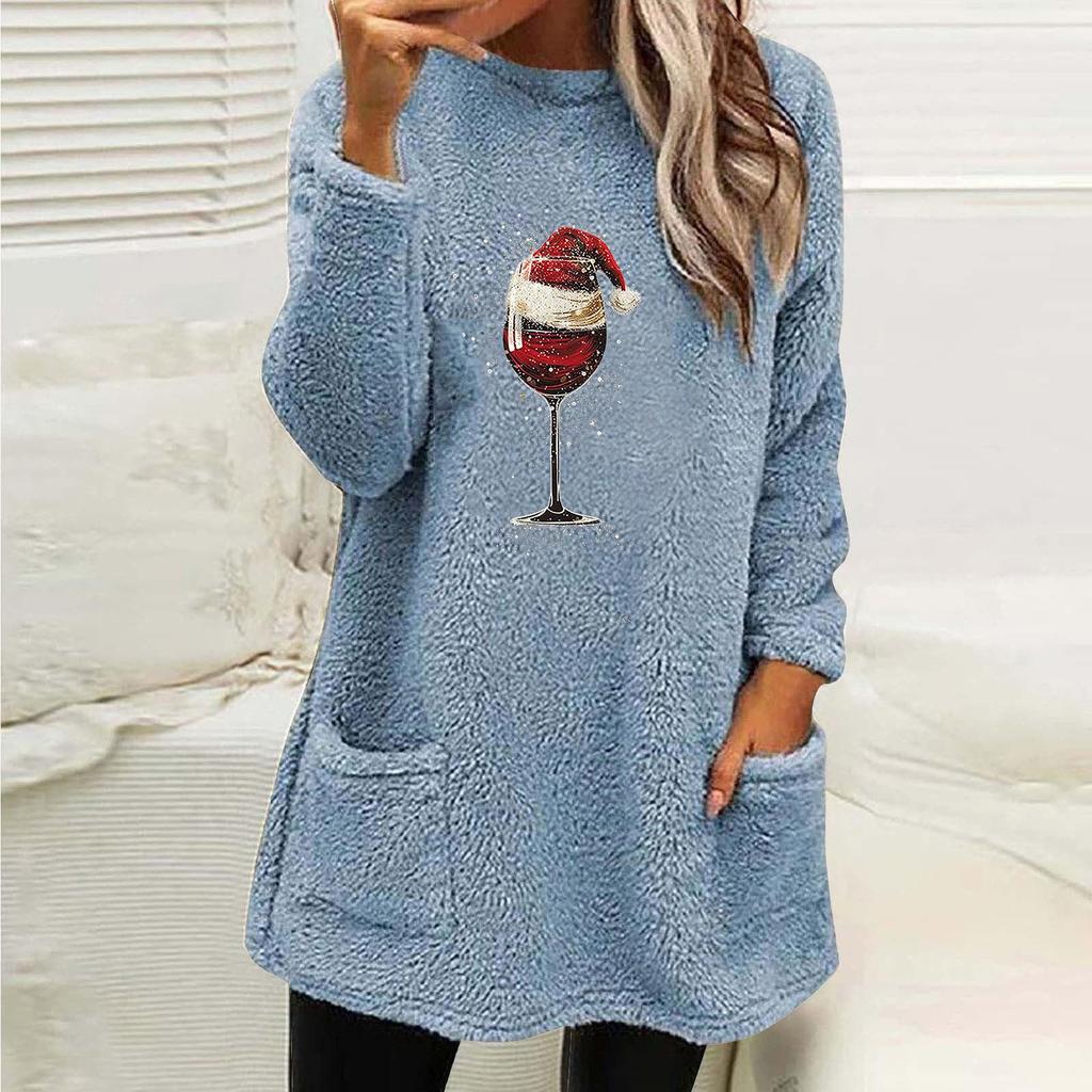 Women's Loose Long Sleeve Christmas Wine Glass Hat Print Fleece Hoodie