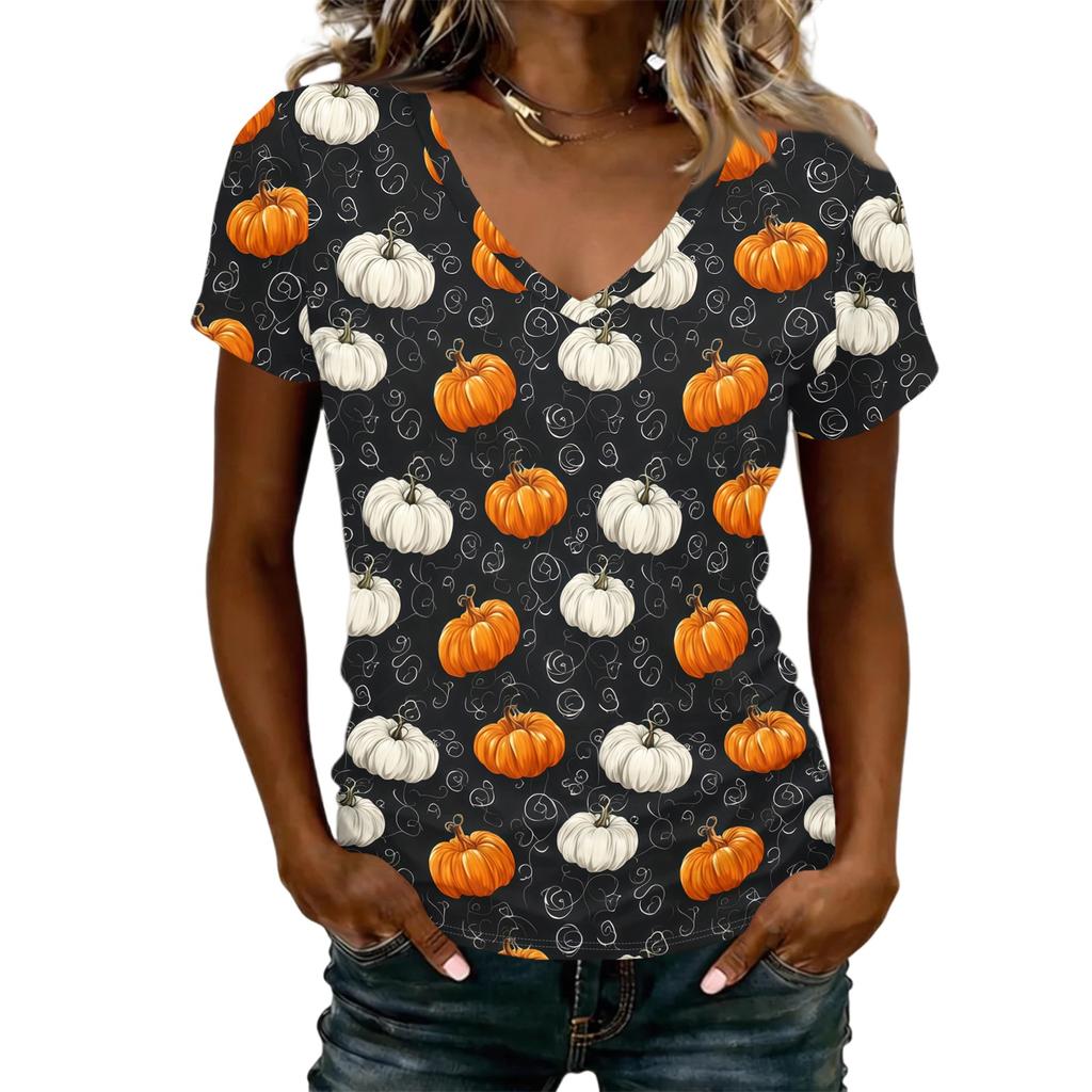 Women's V-Neck Halloween Print Lightweight Blouse for Spring and Summer