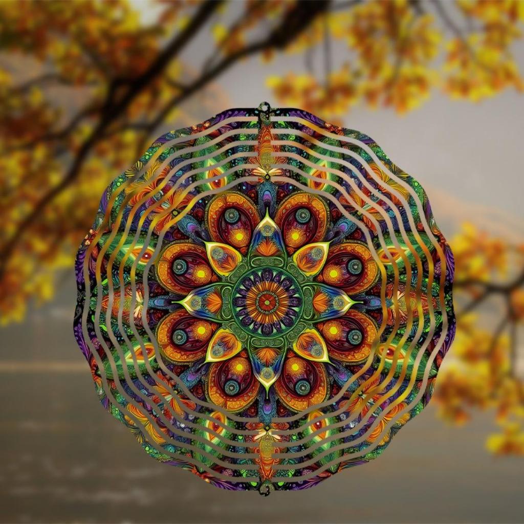 Bohemian Style Metal Wind Spinner 10 Inch Vibrant Garden Decor with 360 Swivel Hook Mandala Design for Patio Porch Yard Outdoor