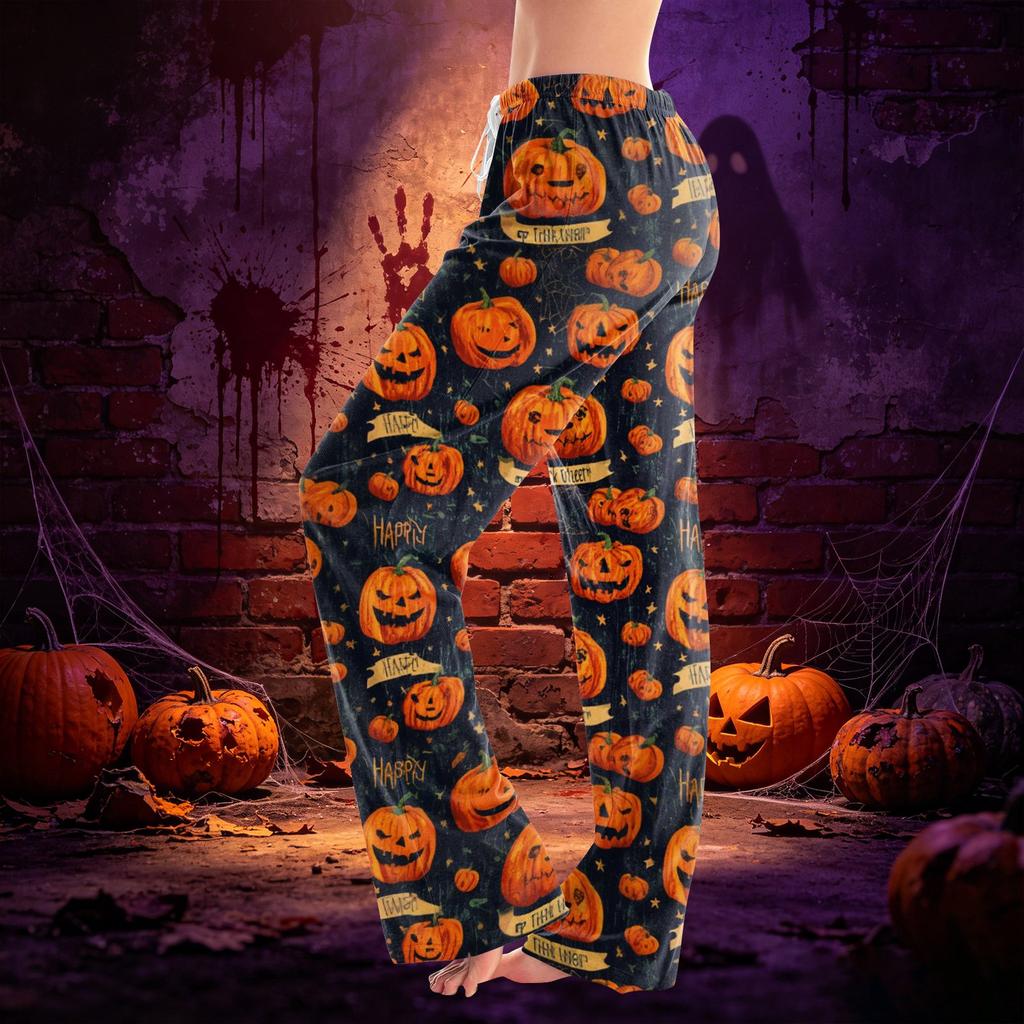 Women Drawstring Waist Halloween Print Long Pants Casual Loose Fit Trousers for Daily Home Lounge Wear