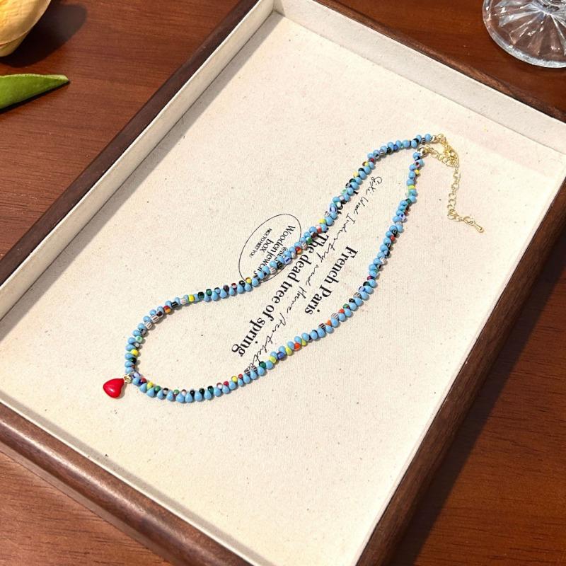 Vintage Blue Beaded Red Heart Ins Style Clavicle Necklace For Women