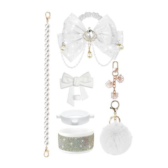 1 Set Tassenmanschette Funkelnde Strasssteine Imitierte Perlen Schleifen-Dekor Tassenzubehör mit Silikon-Bodenprotektor