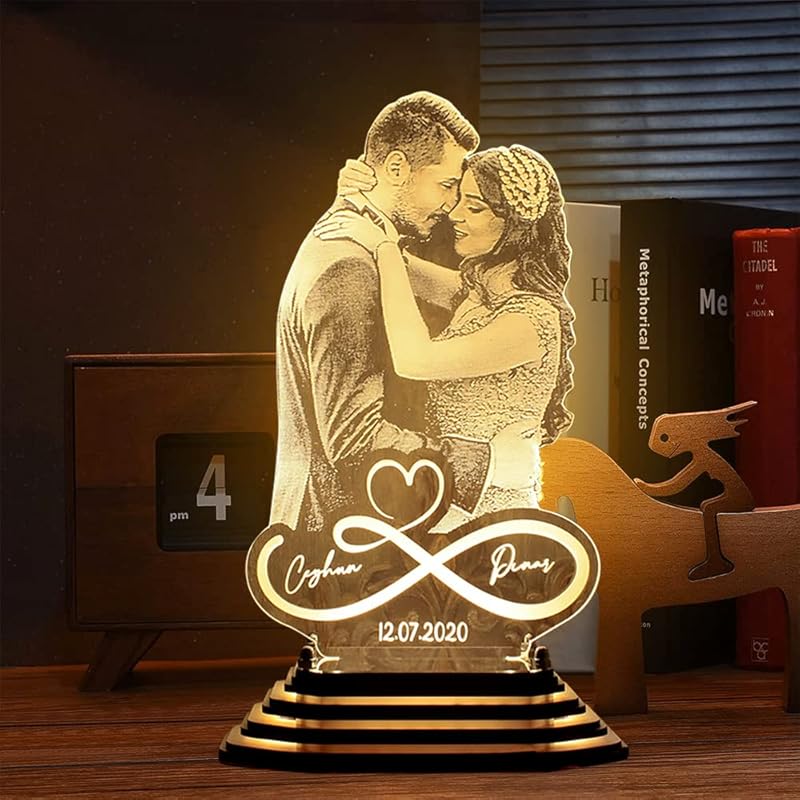 Infinity Heart Personalized Picture Lamp Custom Couple Photo Heart Nigth Light Custom Plaque Bedside Lamp Romantic Gift for Wife Anniversary
