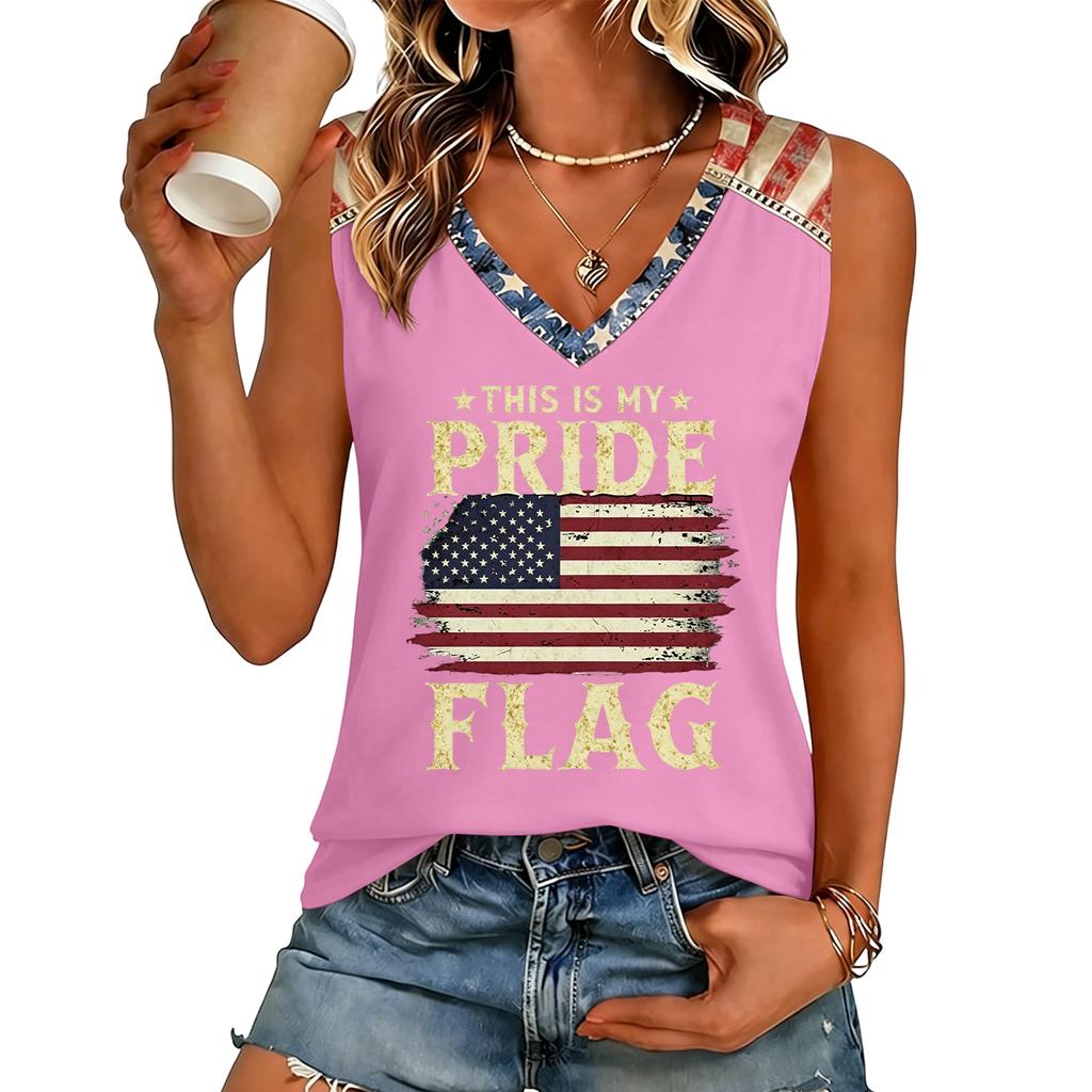 Women V Neck Casual Letter Print Short Sleeve T Shirt Top with Flag Graphic Comfortable Loose Fit Tee Shirt for Daily Wear