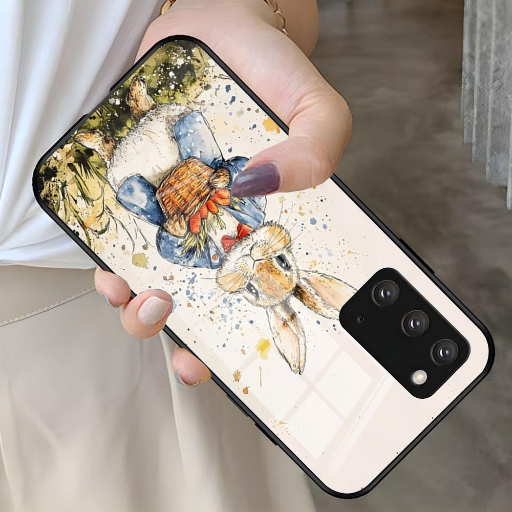 Cute P-PeterS Rabbit Phone Case For Samsung S26 S25 S24 FE S23 S22 S21 Plus S20 Ultra Note20Ultra Black Glass Cover