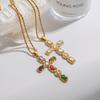 Youthway Vintage Elegant Stainless Steel Geometric Colorful Zircon Imitation Pearl Cross Pendant Necklace Set Women Jewelry Gift