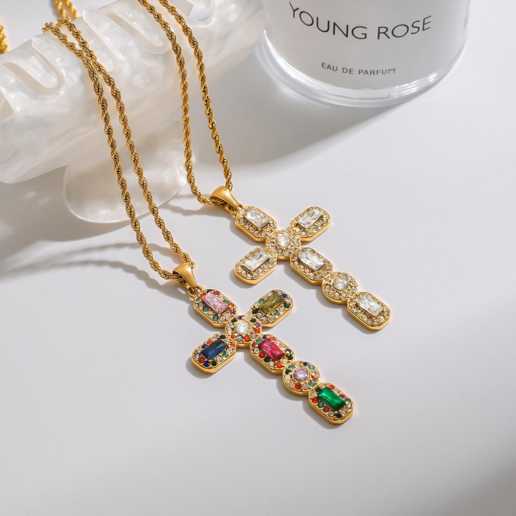Youthway Vintage Elegant Stainless Steel Geometric Colorful Zircon Imitation Pearl Cross Pendant Necklace Set Women Jewelry Gift