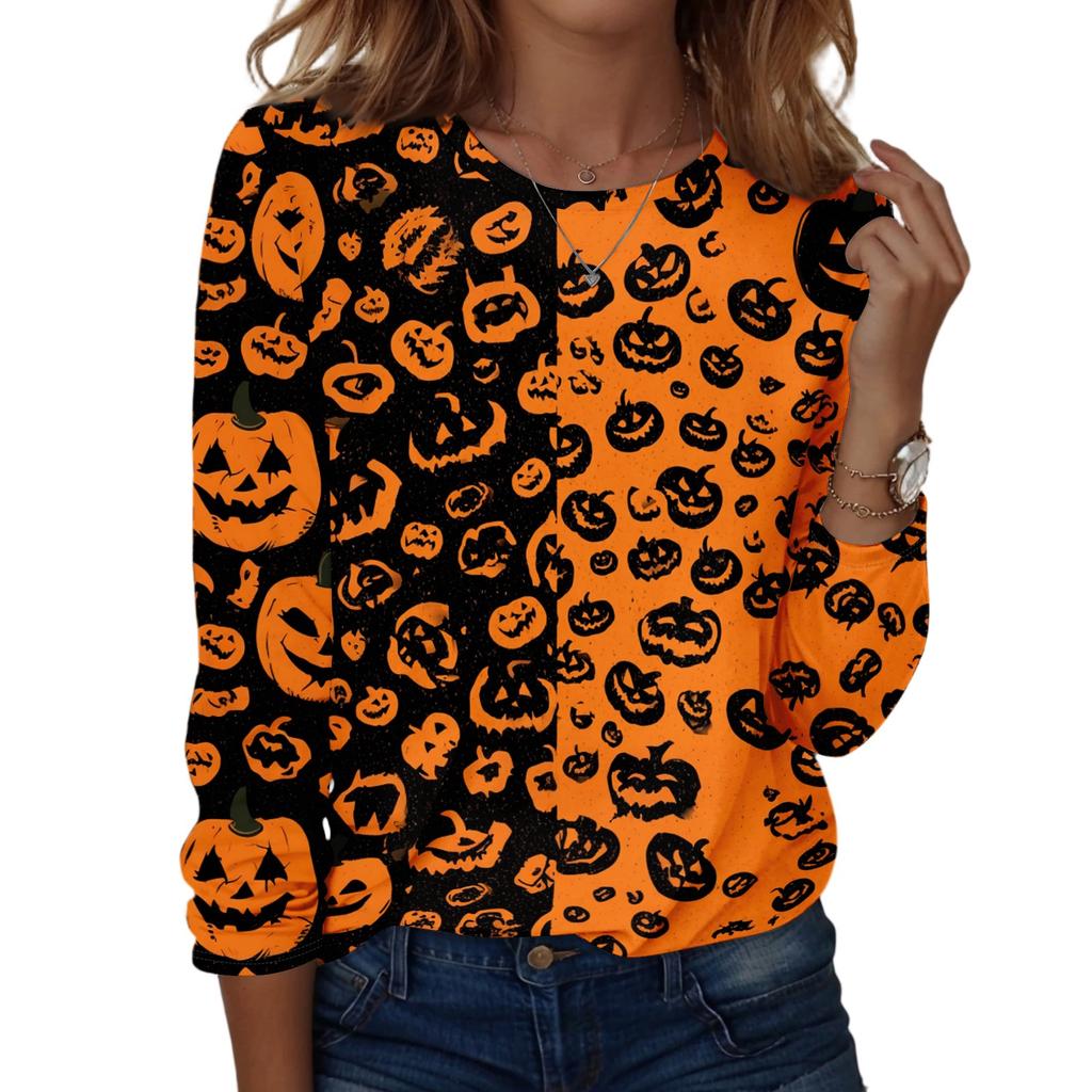 Women's Casual Long Sleeve Halloween Print Pullover Top Crew Neck Lightweight Sweatshirt for Fall and Everyday Wear