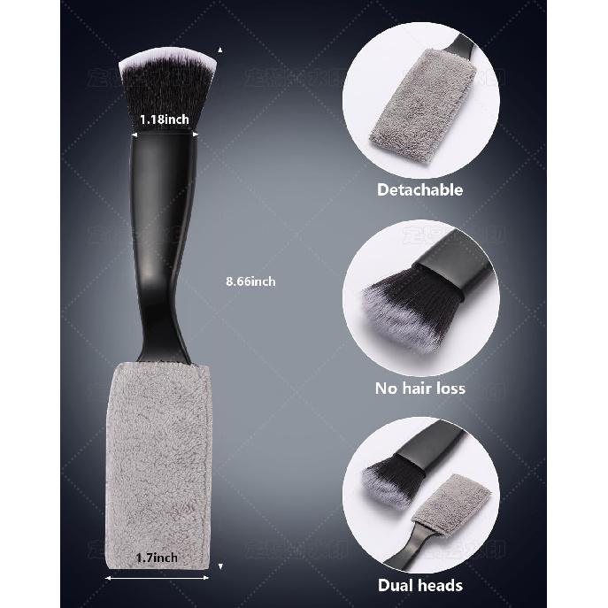 3PCS Interior Detailing Kit, Soft Dual Head Scratch-Free Brush Set | Trilobal Bristle & Curved Design, Dashboard Vent Crevice Tool, Auto & Household