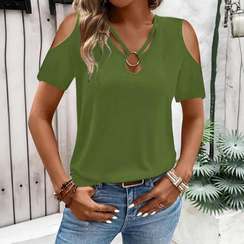 Off Shoulder Summer Short Sleeved T-shirt for Women Solid Color Loose Tops Cross V-neck Elegant Loose Shirt Ladies Fashion Casual Simple Clothing