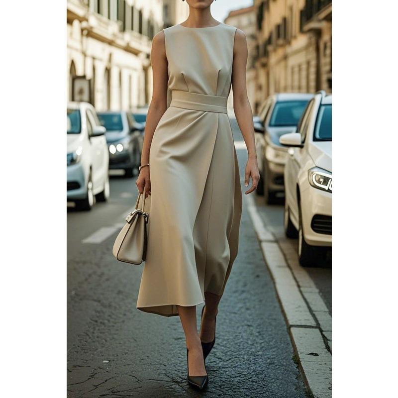 Sleeveless Round Neck Dress, High Waist Belted Wrap Split Long Sundress,Elegant Slim Fit Business Casual Party Dress Available in Multiple Colors