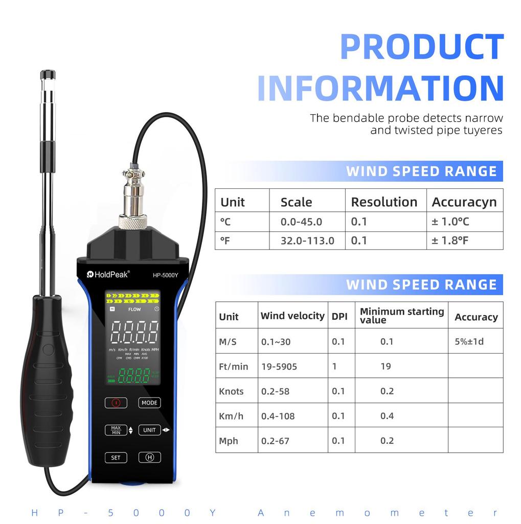 Handhold 5000Y Thermal Energy Induction Anemometer, Hot-Wire Airflow Sensor Measurement, Low Velocity Air Detection Tester Tools