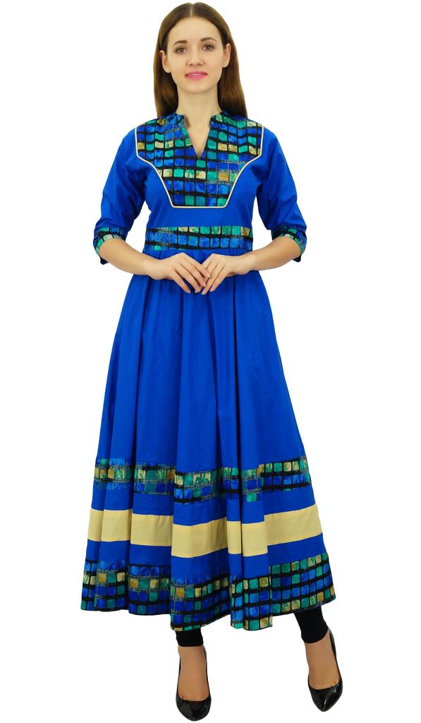 Bimba Women's Cotton Kurti Long Flared Anarkali Kurta 3 4 Sleeve Designer Indian Tunic| Black|