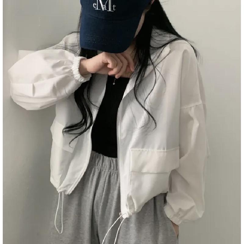 Vintage workwear drawstring short baseball jacket coat for women with a high-end, niche outerwear design