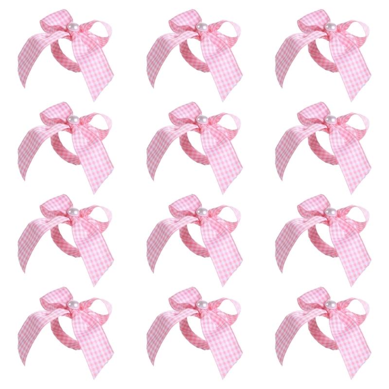 

12Pcs Striped Bowknot Tie Napkin Rings Satins Fabric Pearls Embellishment Dining Table Decoration Desktop Accessories